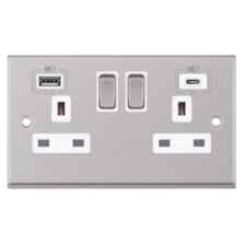 Satin Chrome & White Double Socket With USB Charger  - Double with Fast Charge Type C USB