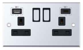 Polished Chrome & Black Double Socket With USB Charger  - Double with Fast Charge Type C USB