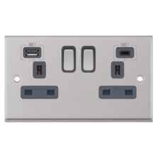 Satin Chrome & Grey Double Socket With USB Charger - Double with Fast Charge Type C USB