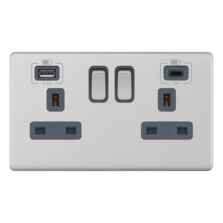 Screwless Satin Chrome USB Socket - Double with Fast Charge Type C USB