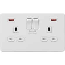 Screwless Matt White Double Socket with Dual USB Fastcharge Ports (A+A) - SFR9908MW