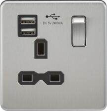 Screwless Brushed Chrome Single Switched Socket With Dual USB Charger