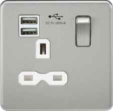 Screwless Brushed Chrome Single Switched Socket With Dual USB Charger - With White Interior