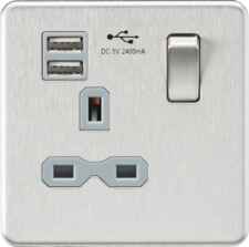 Screwless Brushed Chrome Single Switched Socket With Dual USB Charger - With Grey Interior