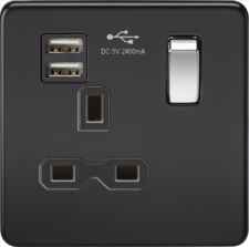 Screwless Matt Black Single Switched Socket With Dual USB Charger With Chrome Rocker Switches - 1 Gang With Chrome Rocker Switch