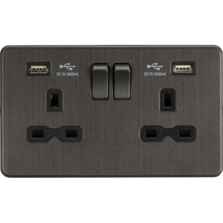 Screwless Smoked Bronze Double Socket with USB Charger Ports - 2 Gang With 2 USB