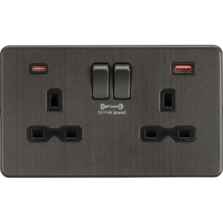 Screwless Smoked Bronze Double Socket with USB Charger Ports - 2 Gang With Type A + Type C USB
