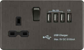 Screwless Smoked Bronze Switched socket with Quad USB (5.1A) - SFR7USB4SB