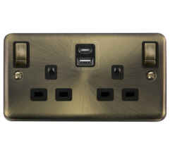 Curved Antique Brass USB Socket - Double Type A & Type C USB