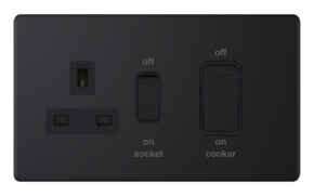 5mm Screwless Matt Black 45A DP Cooker Switch & 13A Socket - Without Neon