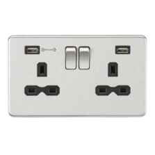 Screwless Brushed Chrome Double Switched Socket With Type A & Type C USB Charger - Black Insert With 4a Fast Charge USB