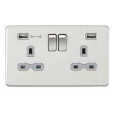 Screwless Brushed Chrome Double Switched Socket With Type A & Type C USB Charger - Grey Insert With 4a Fast Charge USB