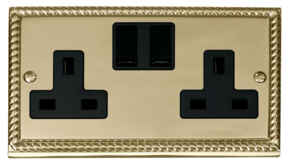 Georgian Brass Double Socket -2 Gang Twin Switched - With Black Interior