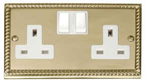 Georgian Brass Double Socket -2 Gang Twin Switched - With White Interior
