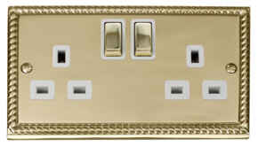 Georgian Brass Double Socket -Ingot 2Gang Switched - With White Interior