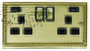 Georgian Brass Double Socket -Ingot 2Gang Switched - USB With Black Interior
