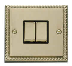 Georgian Brass Light Switch - Double 2 Gang Twin - With Black Interior