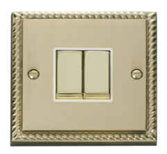 Georgian Brass Light Switch - Double 2 Gang Twin - With White Interior