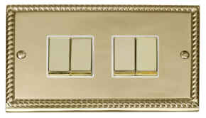 Georgian Brass Light Switch - Quad 4 Gang 2 Way - With White Interior