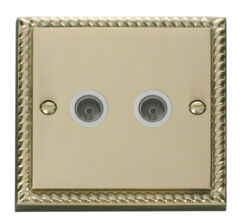 Georgian Brass Double TV Socket -Twin Co-ax Outlet - With White Interior