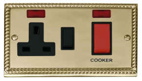 Georgian Brass Cooker Switch & Socket 45A DP Neon - With Black Interior