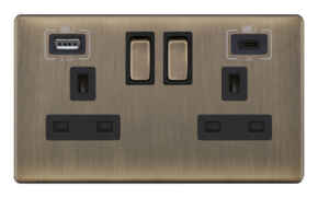 5mm Screwless Antique Brass USB Charger Socket - 2 Gang 1 x Type A & 1 x Type C USB