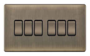 5mm Screwless Antique Brass Light Switch - 6 Gang 2 Way
