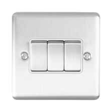 Satin Stainless Steel & White Light Switch - 3 Gang 2 Way Triple