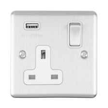 Satin Stainless Steel & White Socket With USB Charger - 1 Gang With 1 x USB