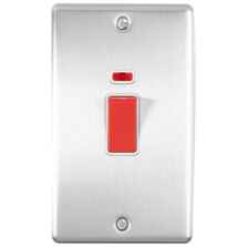 Satin Stainless Steel & White 45A DP Shower / Cooker Isolator Switch - 2 Gang (Vertical) With Neon