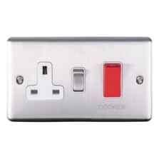 Satin Stainless Steel & White 45A DP Cooker Isolator Switch & 13A Socket - With Socket