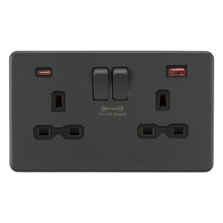 Screwless Anthracite Grey Double Socket with USB C - 2 Gang With Type A + Type C USB