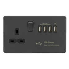 Screwless Anthracite Switched socket with Quad USB (5.1A) - Charger