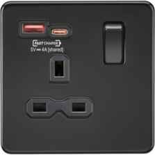 Screwless Matt Black Single Socket with Dual USB Ports - 1 Gang with 1 x Type A & 1 x Type C