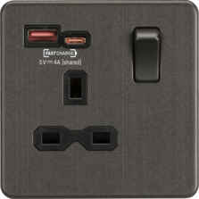 Screwless Smoked Bronze Single Socket With USB Charger Ports - 1 Gang with 1 x Type A & 1 x Type C