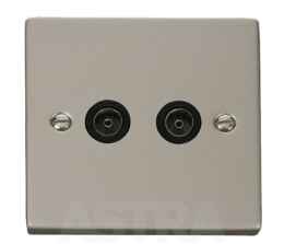 Pearl Nickel Double TV Socket Twin Co-ax Outlet - With Black Interior