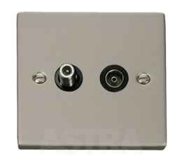 Pearl Nickel Satellite & TV Socket Co-ax Outlet - With Black Interior