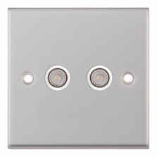 Satin Chrome & White Co-Axial Television Socket - 2 Gang Double TV/FM