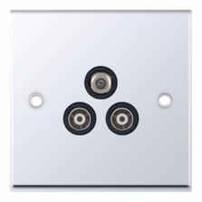 Polished Chrome & Black Co-Axial Television Socket  - 3 Gang Triple Satellite & Twin Coax 