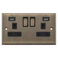 Antique Brass Double Socket With USB Charger - 2 Gang With USB