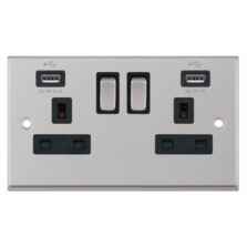 Satin Chrome Double Socket With USB Charger - 2 Gang With USB