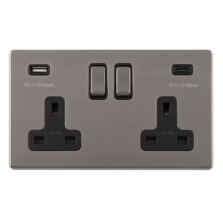 Screwless Black Nickel Double Switched Socket With USB Charger - 1 x USB A & 1 x USB C