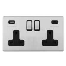 Screwless Stainless Steel Double Switched Socket With USB A + C Charger - Black Insert