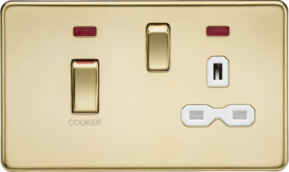 Screwless Polished Brass 45 Amp  - DP Switch & Switched Socket W/ Neon & White Insert