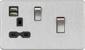 Screwless Brushed Chrome 45 Amp  - Cooker Switch & 13a Socket USB & Black Insert