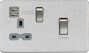 Screwless Brushed Chrome 45 Amp  - Cooker Switch & 13a Socket USB & Grey Insert