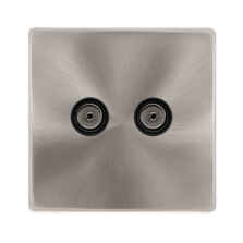 Screwless Brushed Steel Double TV Socket Outlet - With Black Interior