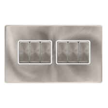 Screwless Brushed Steel Light Switch 6 Gang Ingot - With White Interior