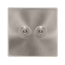 Screwless Brushed Steel Light Switch Double Toggle - Pearl Nickel Toggle with Brushed Steel Plate