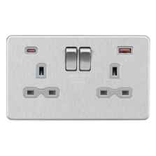 Screwless Brushed Chrome Double Socket with Fastcharge USB Charger - 2 Gang With Type A + Type C USB